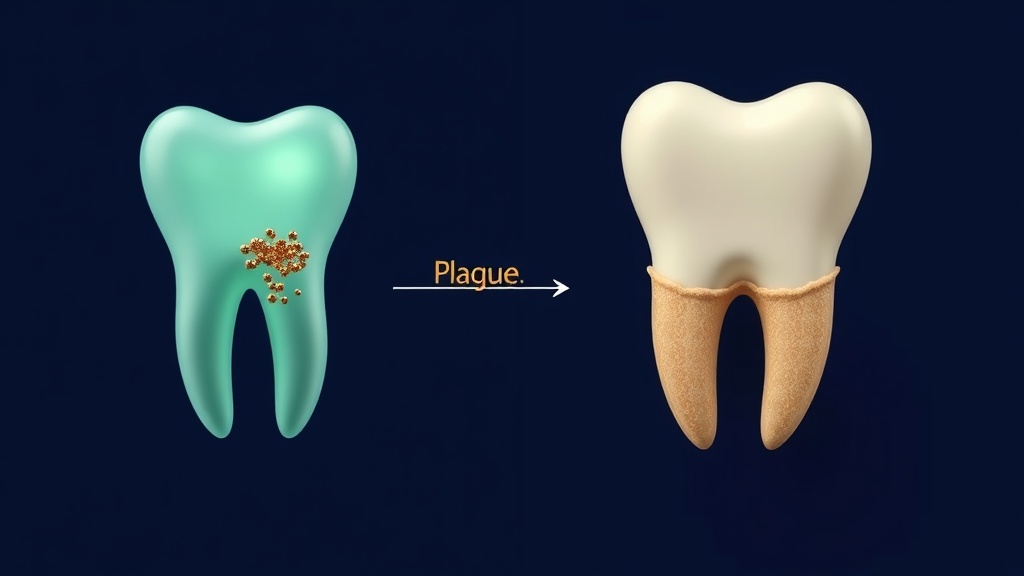 Illustration of soft plaque hardening into tartar on a tooth in three stages
