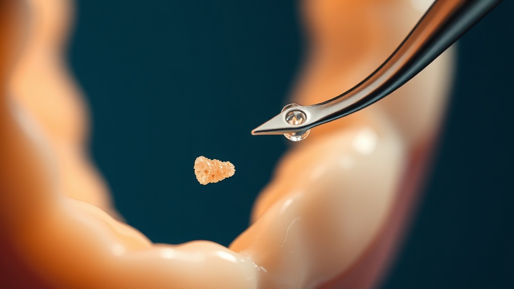 A dental scaling instrument lifting a calcified tartar deposit from a tooth at the gumline