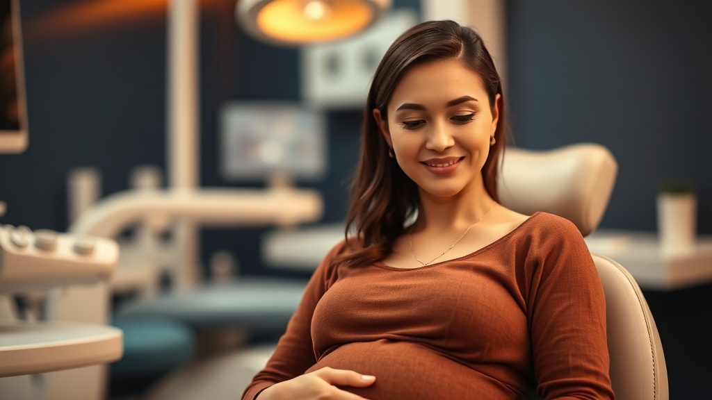 A warm natural portrait of a pregnant woman at a calm dental check-up in soft light