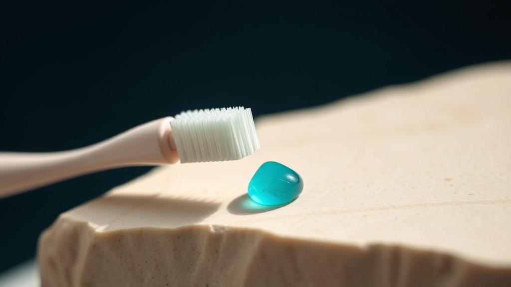 Small pea of toothpaste on an unbranded brush head on cream stone