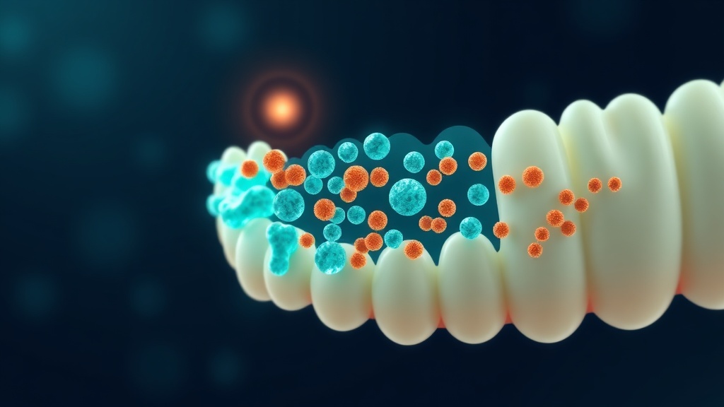 Conceptual illustration of beneficial bacteria competing with acid-producing bacteria on a tooth surface