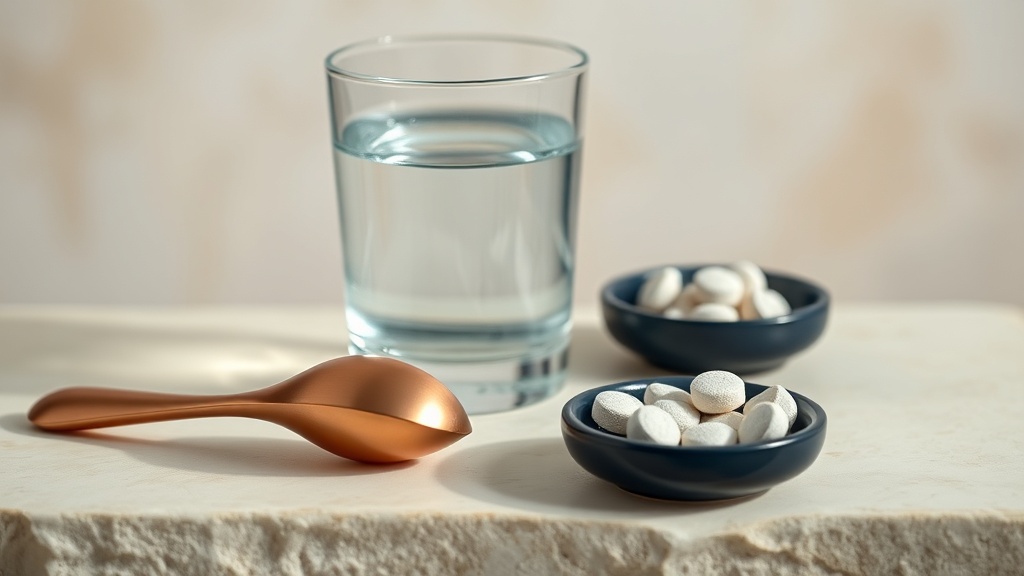 Tongue scraper and a glass of water beside a small dish of chewable tablets