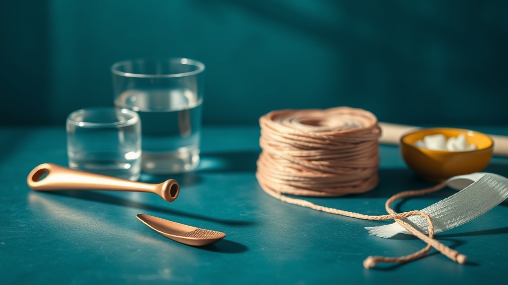 A daily oral-care routine of tongue scraper, floss and water beside a supplement