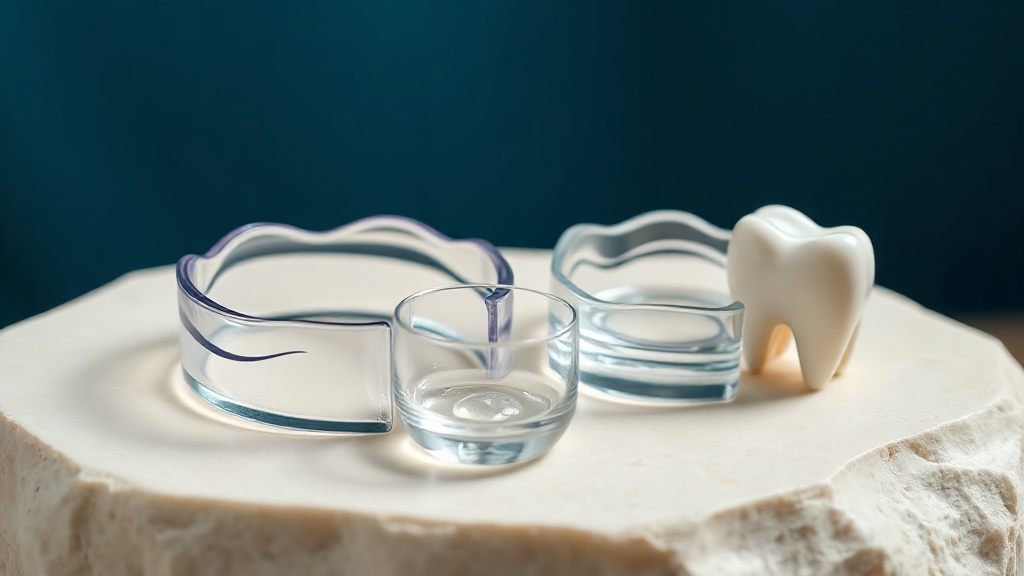Clear custom whitening trays and a small dish of gel beside a bright tooth model on cream stone
