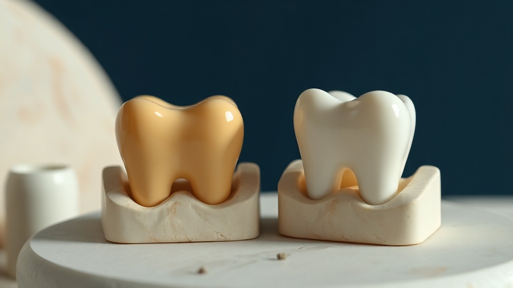 Two ceramic tooth models on cream stone, one a warmer shade and one brighter, showing a before and after