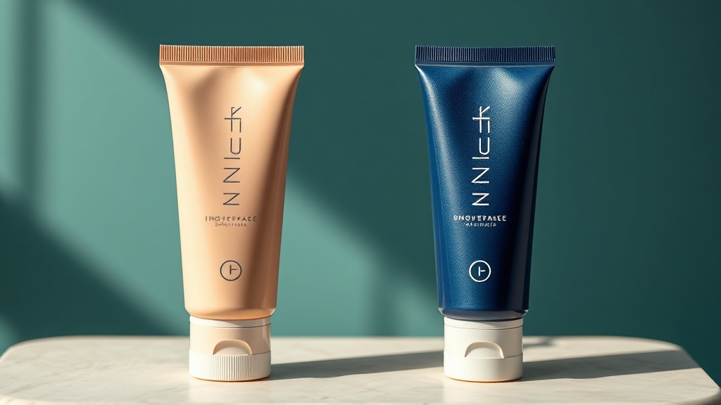 Two unbranded toothpaste tubes side by side on cream stone