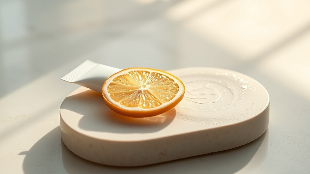 Slice of citrus beside a paste tube on cream stone symbolising acid erosion