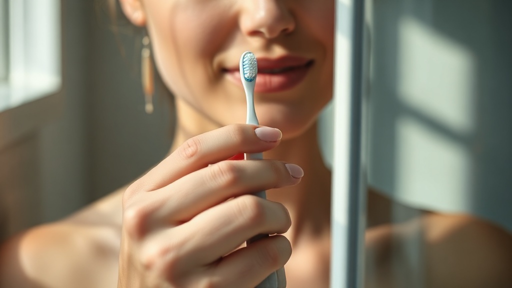 Hands squeezing violet toothpaste onto a modern toothbrush in soft morning light
