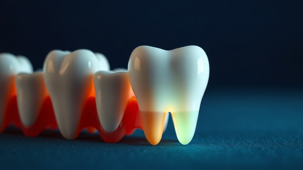 Close-up concept of a single prominent tooth with a lowered gum margin among healthy neighbours