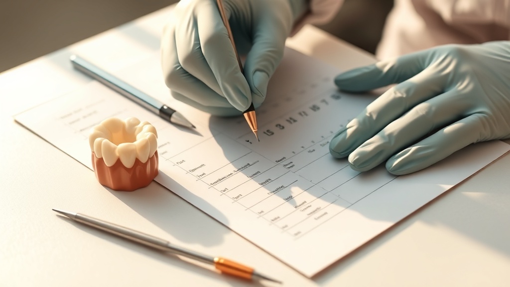 A dental professional recording measurements on a chart in soft light