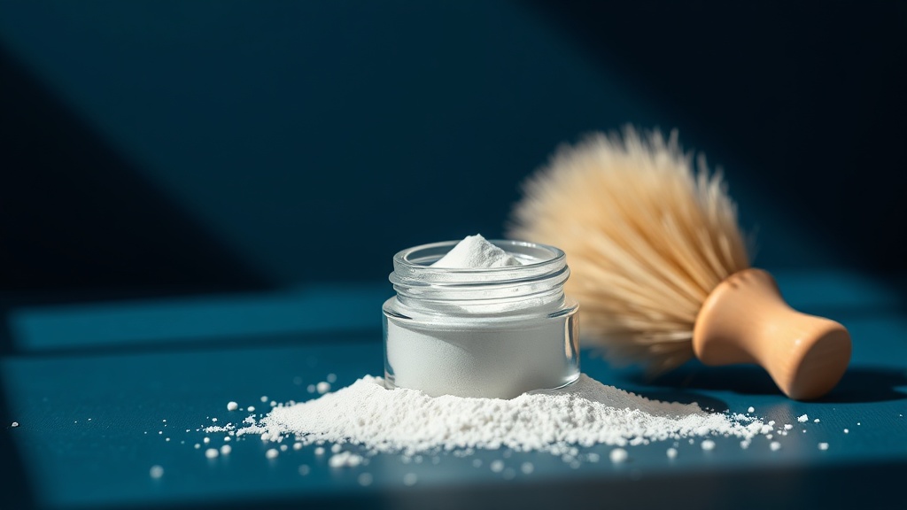 A small jar of fine pearlescent mineral tooth powder with a soft brush on a stone surface