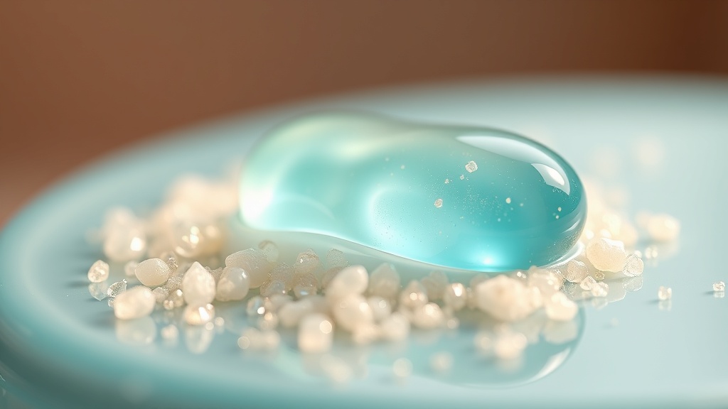 Macro of a teal whitening gel bead and pearly mineral crystals settling together onto a glassy enamel surface