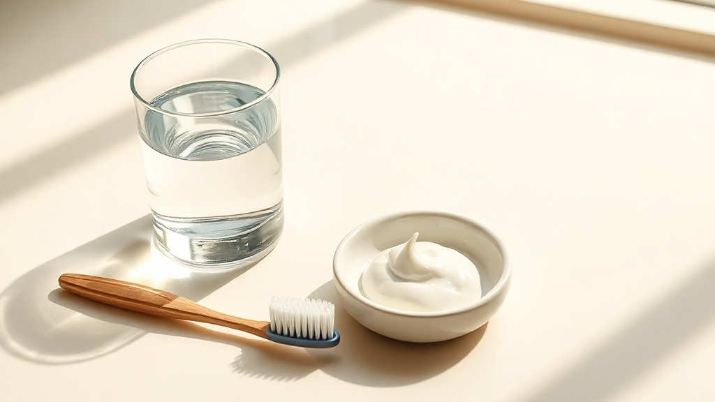 A glass of water, a soft toothbrush and a small dish of pearly mineral paste on a cream surface in soft morning light
