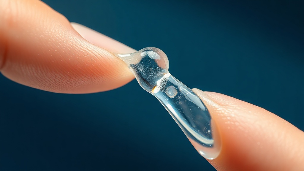 A viscous clear moisturizing gel drawn into a glistening thread, illustrating the coating film of a saliva substitute