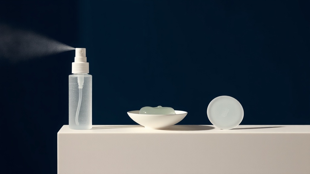A fine mist, a spoon of clear gel, and a slow-dissolving disc shown side by side as three saliva-substitute formats