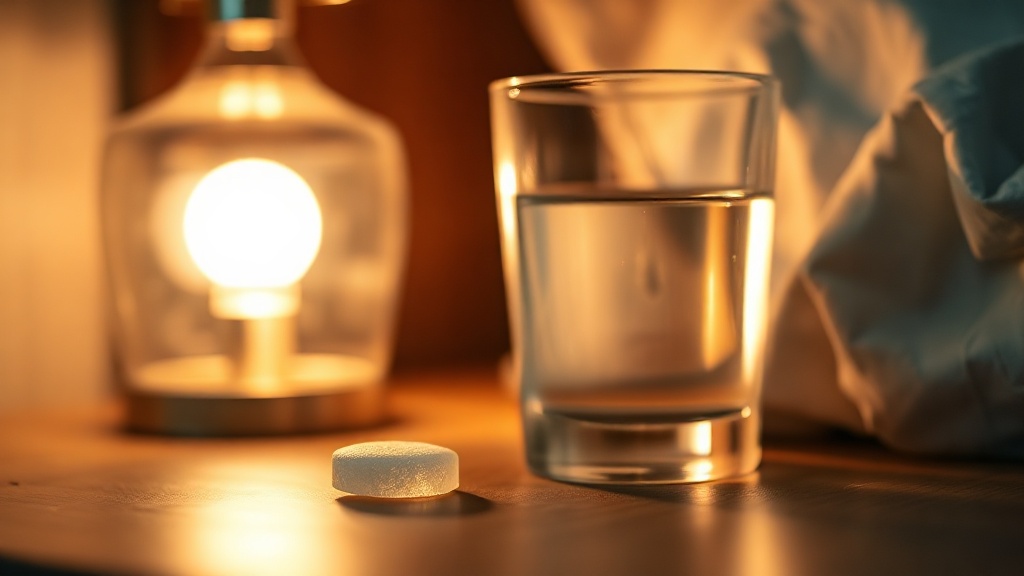 A small adhering lozenge disc dissolving on a dim bedside table beside a glass of water and a soft lamp
