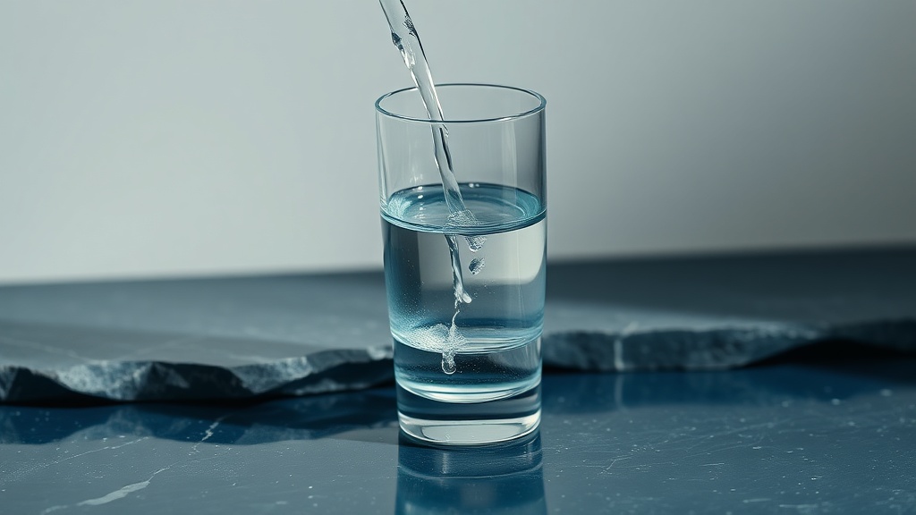 A person gently swishing a rinse, shown abstractly with a glass and calm light