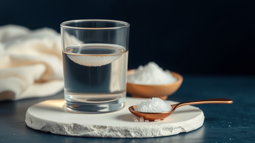 A glass of water beside a small spoon of salt