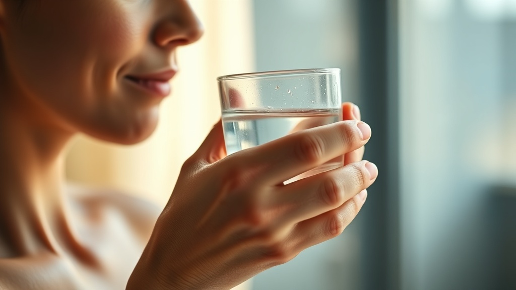 A person gently swishing a rinse, glass in hand