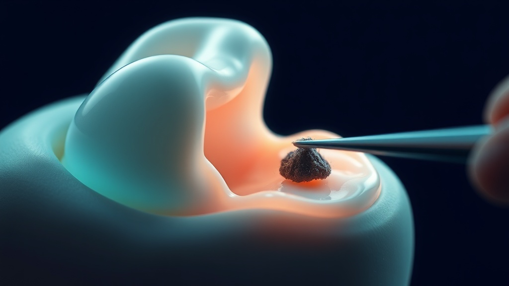 Conceptual dimensional image of an instrument cleaning tartar from a tooth root inside a gum pocket