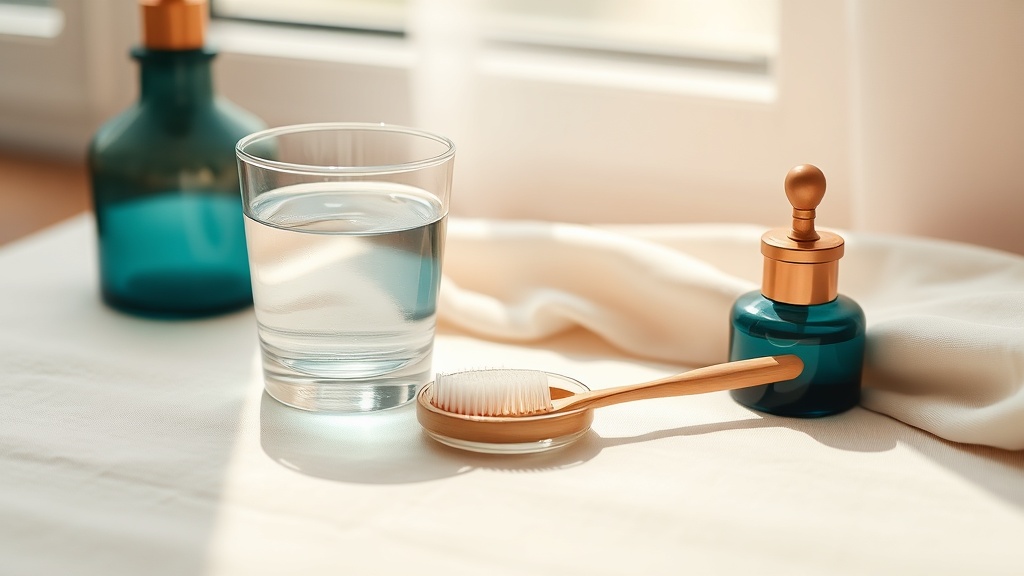 Calm still-life of warm salt water and a soft toothbrush for recovery after a deep clean
