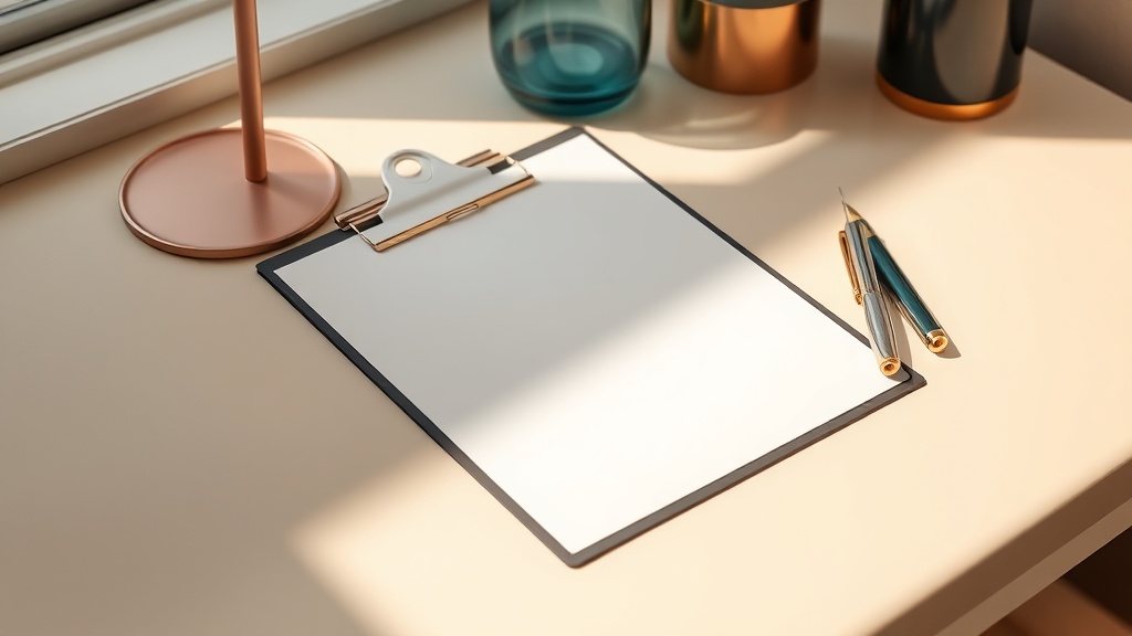 Calm still-life of a dental estimate clipboard beside a periodontal probe