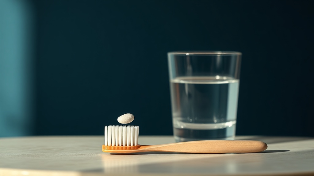 Soft toothbrush and a fingertip dab of desensitising paste on a calm bathroom surface