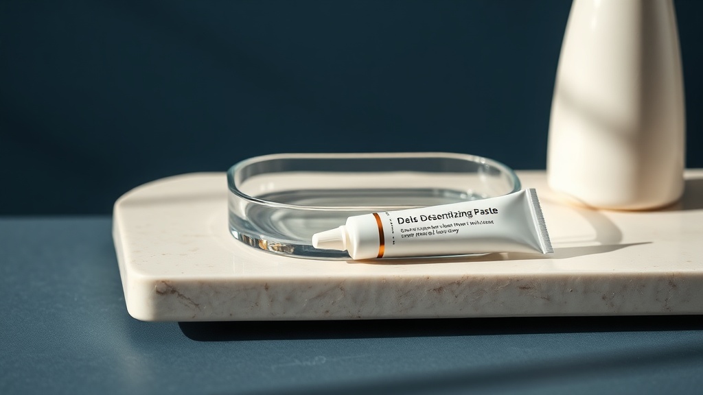 A whitening tray beside a desensitizing toothpaste tube in calm light