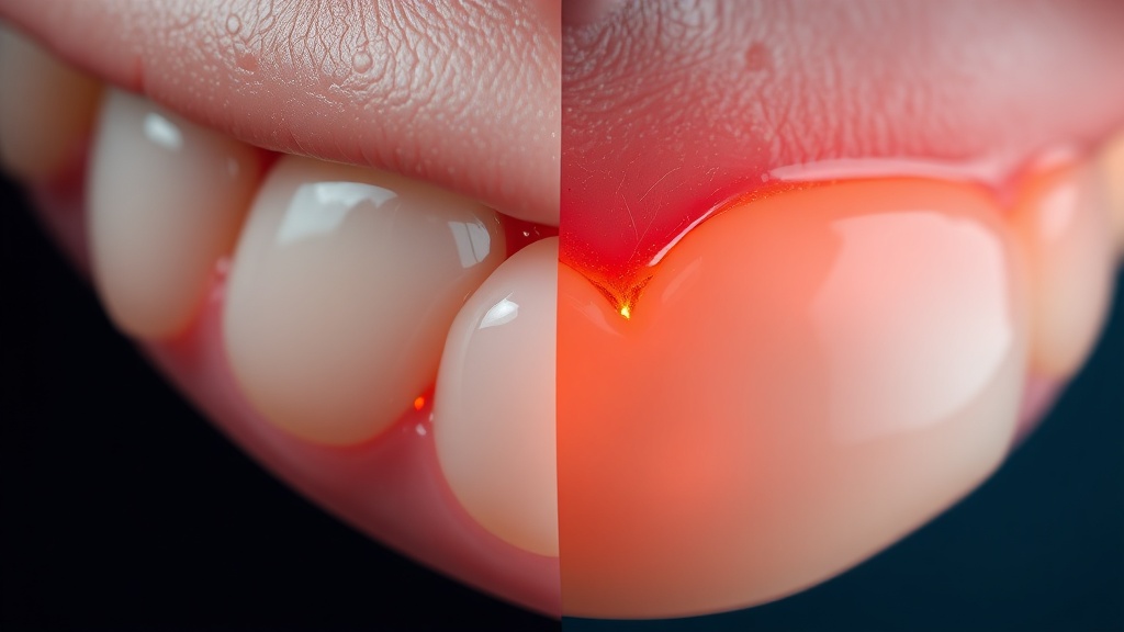 Conceptual close-up contrasting stippled healthy gum with smooth, glossy inflamed gum