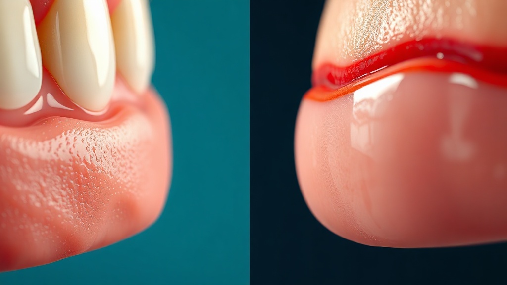 A luminous comparison of a firm healthy gumline and a reddened swollen one