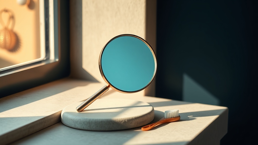A calm bathroom mirror and warm light suggesting a self-check routine