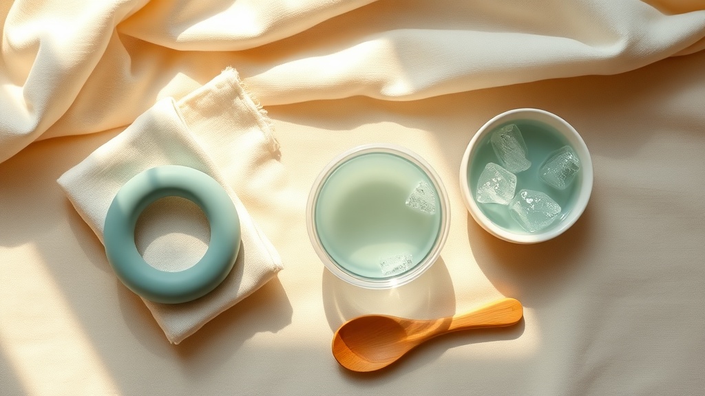 Soft still-life of a silicone teether and muslin cloth on cream linen in warm morning light
