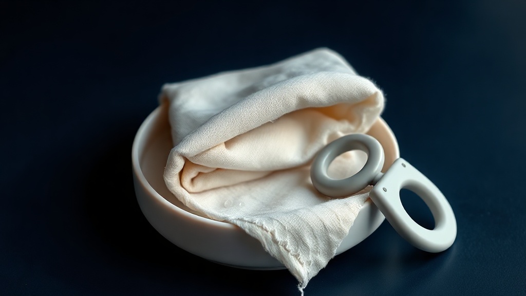 A cold, damp folded washcloth chilling on a ceramic dish beside a silicone teether