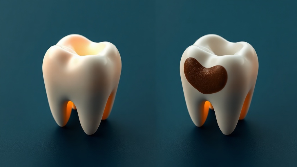 A stylised baby molar shown with a soft active decay spot beside the same spot arrested as a hard dark patch