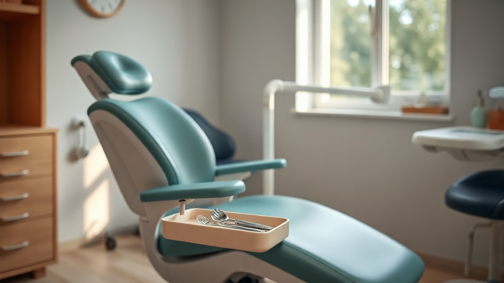 A calm modern paediatric dental treatment room with a small teal dental chair and soft window light
