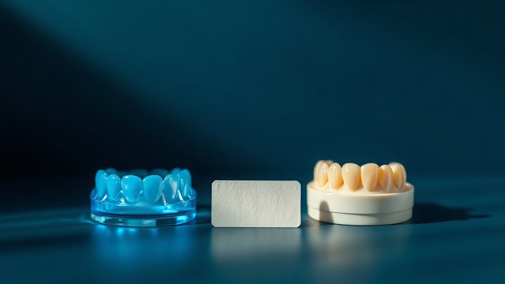 Whitening gel under a blue LED beside the same gel in daylight, both reaching an identical tooth shade