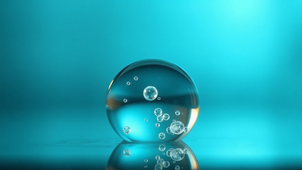 A clear whitening-gel droplet releasing fine oxygen bubbles, backlit in teal