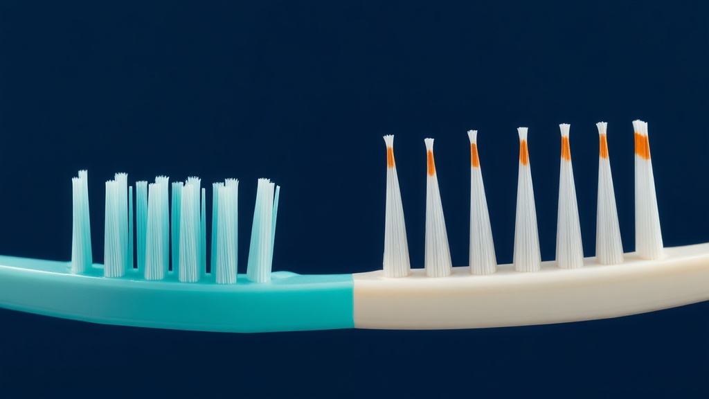 Close comparison of soft and medium toothbrush bristles flexing against a tooth and gumline