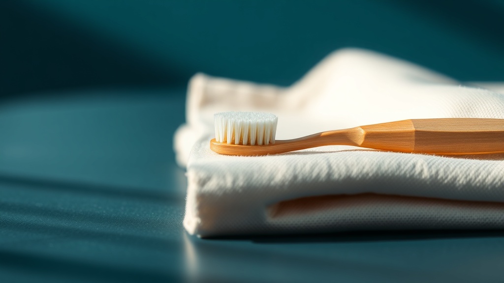 A soft-bristled toothbrush resting on a cream cloth beside a folded towel
