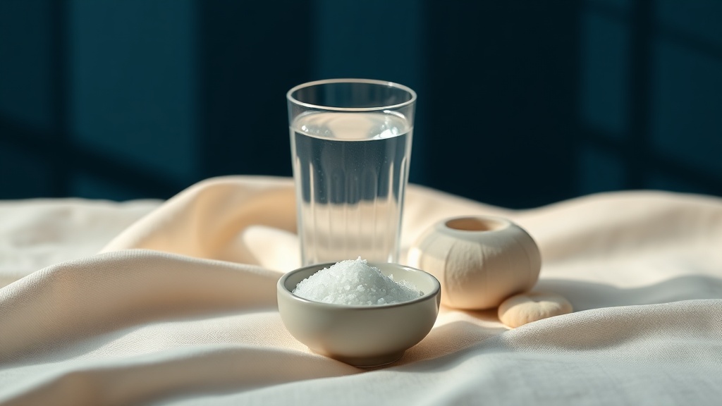 A glass of water, dish of salt and soft foods for soothing a sore mouth