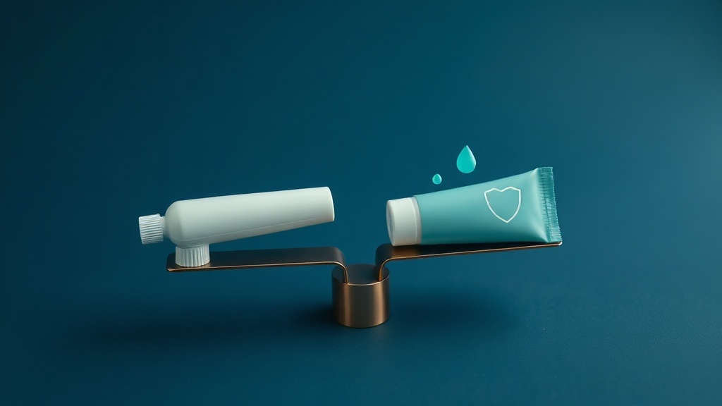 Two toothpaste tubes on a balance, one labelled for simplicity and one for multitasking