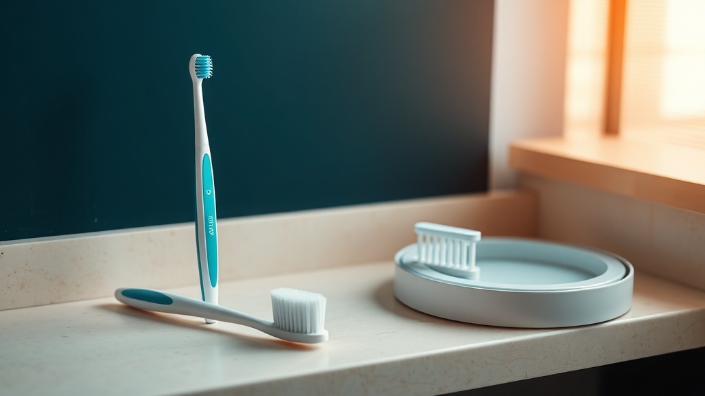 A calm bathroom scene with a soft brush and desensitizing paste after a whitening trigger