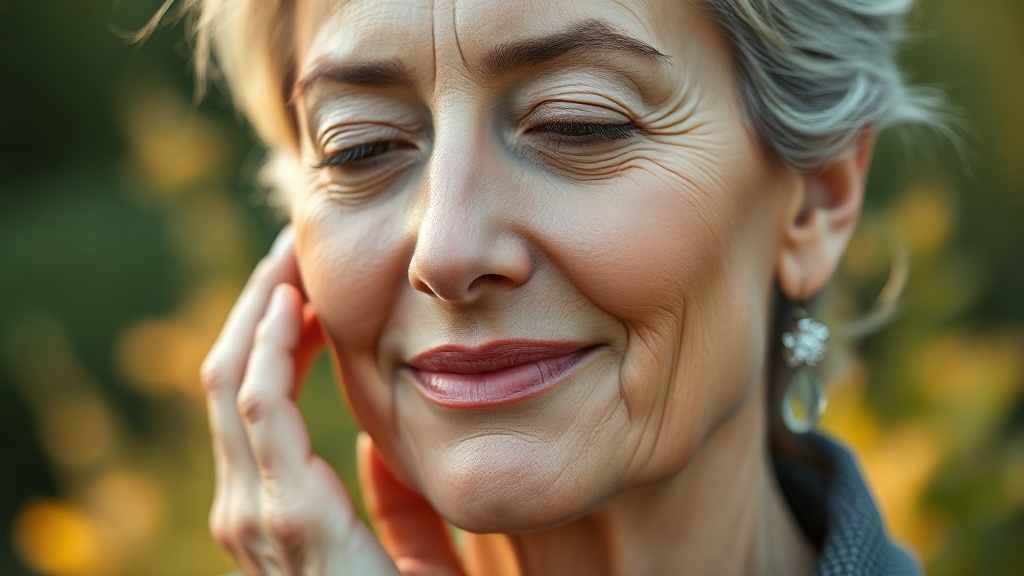A calm older woman outdoors in soft daylight looking relaxed and refreshed