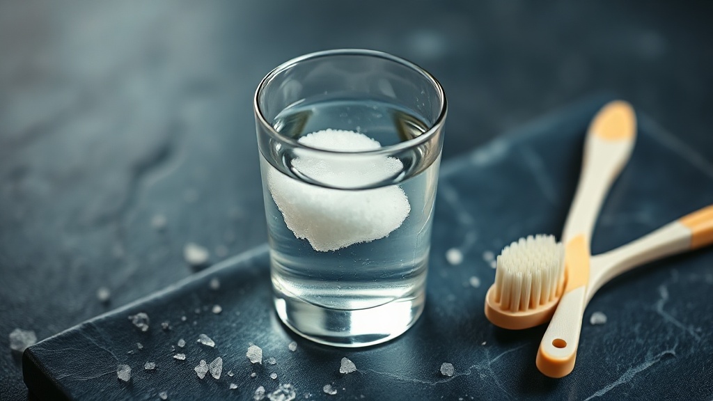 Editorial still-life of a warm saltwater rinse being prepared in a glass