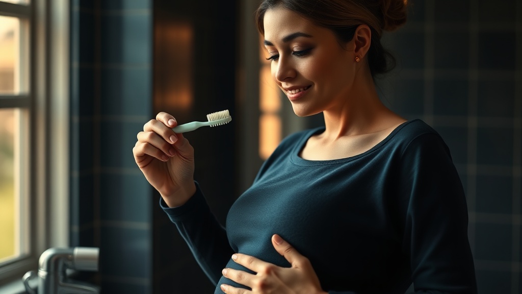 A warm, natural portrait of a pregnant woman gently brushing her teeth in soft daylight
