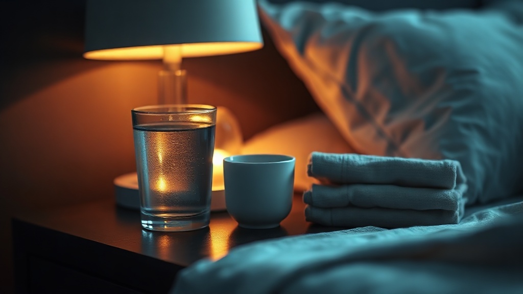 A calm bedside scene with a glass of water and folded linen, representing night-time dry mouth