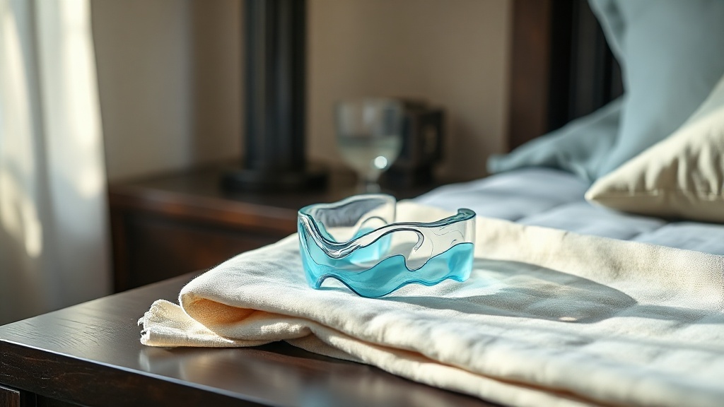 A clear night guard resting on a nightstand, used to protect teeth from grinding wear