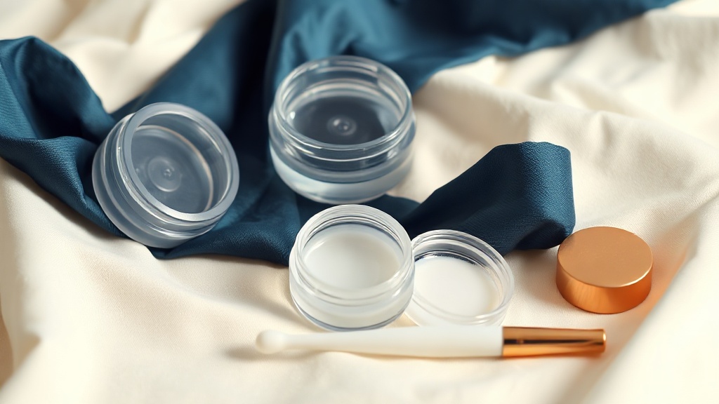 Still-life of an affordable at-home whitening spread: clear trays, gel jars and an applicator