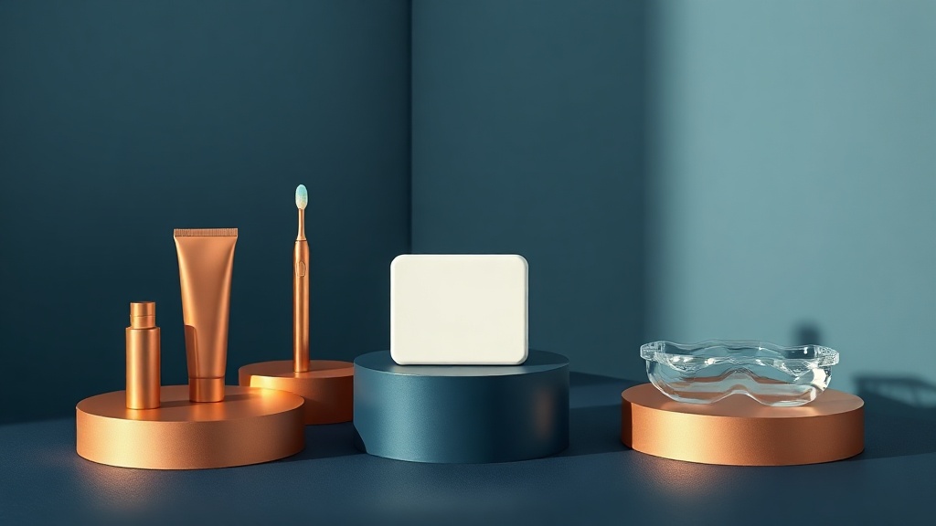Five whitening products arranged on rising pedestals from a budget toothpaste up to a professional dental tray
