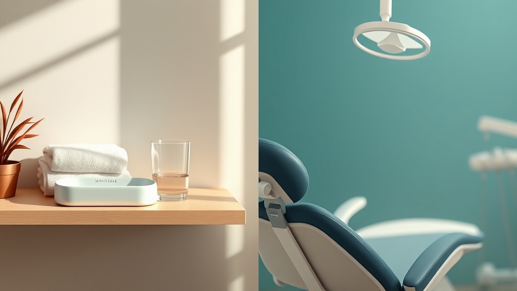 A home bathroom shelf with a whitening kit on the left and a professional dental chair on the right